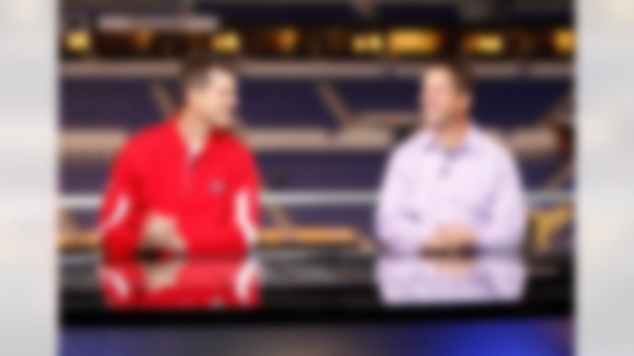 San Francisco head coach Jim Harbaugh and brother Baltimore Ravens head coach John Harbaugh on the NFL Network set during the 2011 NFL Scouting Combine at Lucas Oil Stadium on Feb. 24 in Indianapolis, Ind. (Ben Liebenberg/NFL)