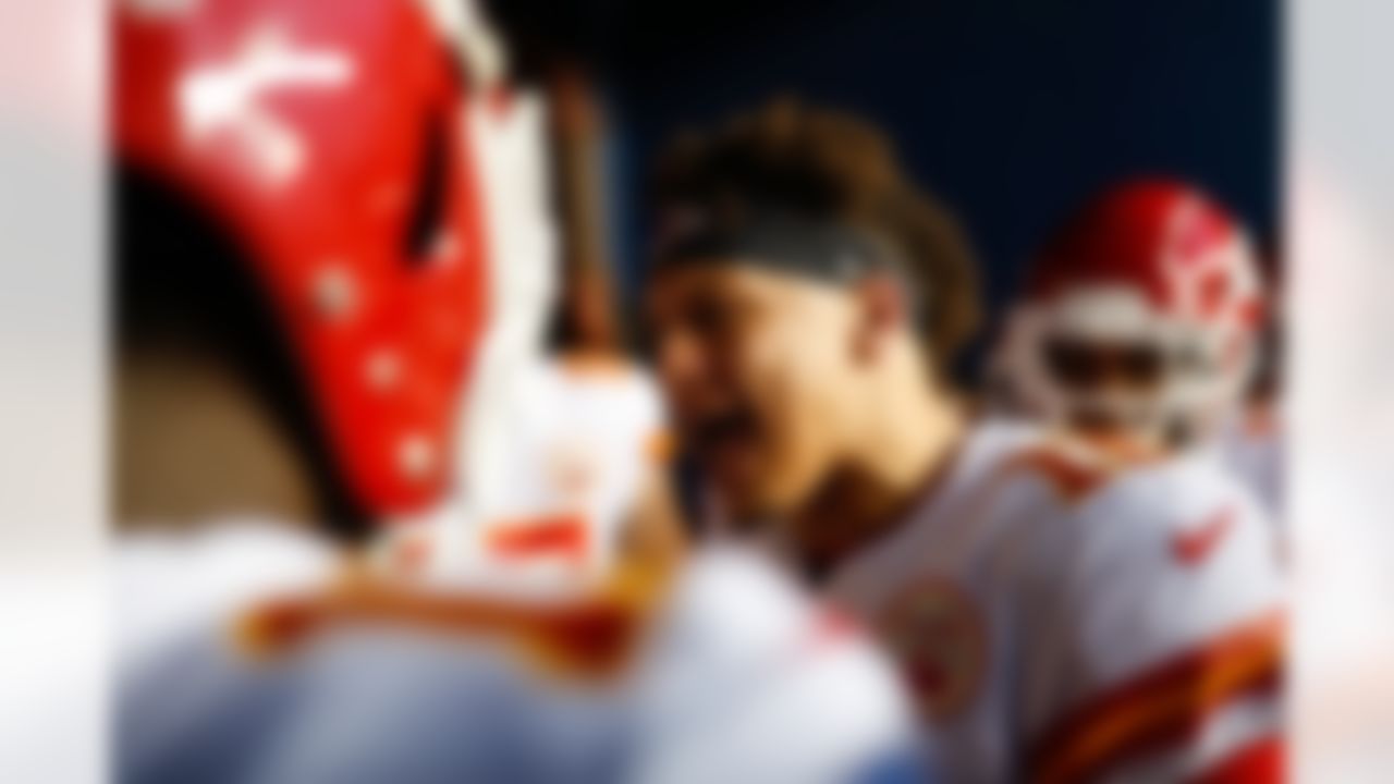 Kansas City Chiefs quarterback Patrick Mahomes (15) pumps up his teammates before an NFL football game against the Seattle Seahawks, Sunday, Dec. 23, 2018, in Seattle.