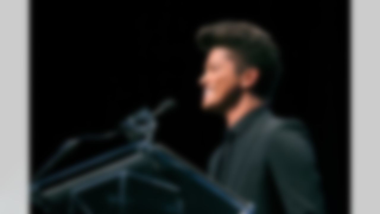 Singer Bruno Mars speaks during a press conference for the Super Bowl XLVIII halftime show at the Rose Theater on Thursday, January 30, 2014 in New York, NY. (Perry Knotts/NFL)