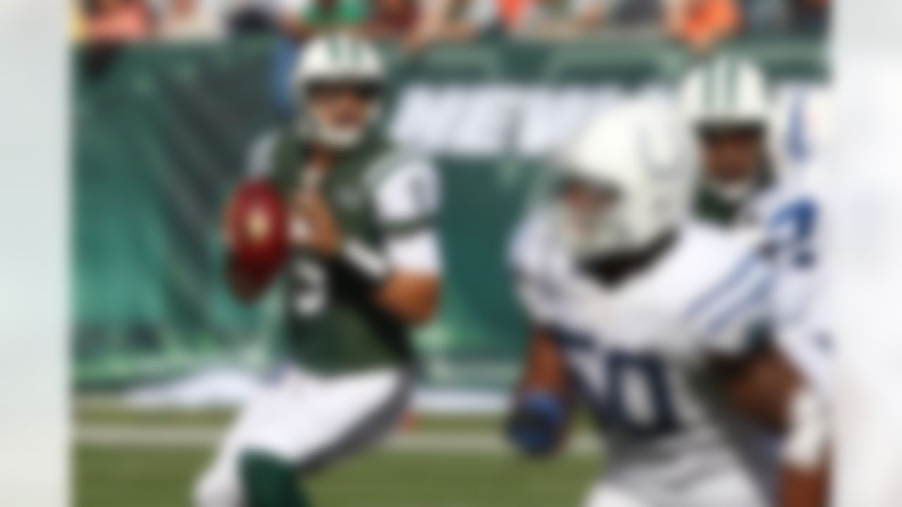 New York Jets quarterback Mark Sanchez looks to pass during the first half of an NFL football game against the Indianapolis Colts Sunday, Oct. 14, 2012 in East Rutherford, N.J. (AP Photo/Seth Wenig)