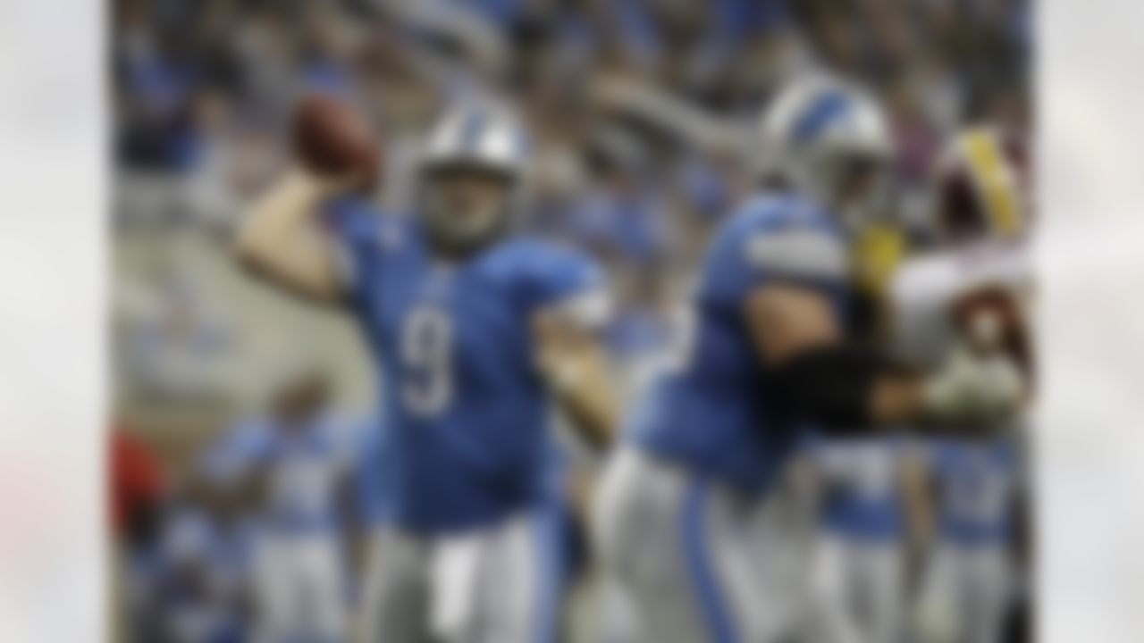 Detroit Lions quarterback Matthew Stafford (9) throws against the Washington Redskins during the second quarter of their NFL football game in Detroit, Sunday, Oct. 31, 2010. (AP Photo/Paul Sancya)