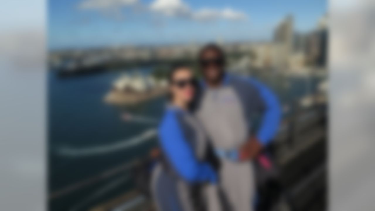 Reggie Bush and his wife Lilit Avagyan pose for a photo on the Sydney Harbour Bridge in Sydney, Australia. (BridgeClimb)