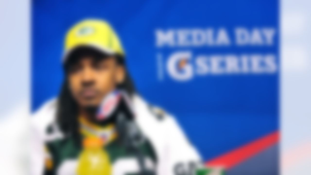 Green Bay Packers cornerback Tramon Williams speaks during Media Day at Cowboys Stadium in Arlington, Texas on February 1, 2011. (Gary A. Vasquez/NFL)