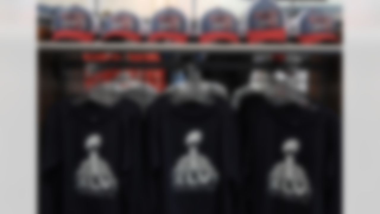 Jan 30, 2012; Indianapolis, IN, USA; General view of Super Bowl XLVI shirts and hats at the NFL Experience at the Indiana Convention Center.The New York Giants will play the New England Patriots in Super Bowl XLVI at Lucas Oil Field on Feb 5, 2012. Mandatory Credit: Kirby Lee/Image of Sport-US PRESSWIRE