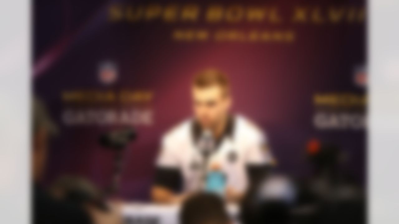 Baltimore Ravens Joe Flacco talks with the media during the Super Bowl XLVII Media Day at the Superdome on Tuesday, January 29, 2013 in New Orleans, LA. (Ben Liebenberg/NFL)