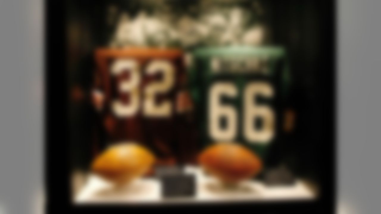A display featuring Jim Brown and Ray Nitschke jerseys can be seen at the Pro Football Hall of Fame display at the Super Bowl XLVI NFL Experience at the Indiana Convention Center on February 1, 2012 in Indianapolis, Indiana. (AP Photo/Scott Boehm)
