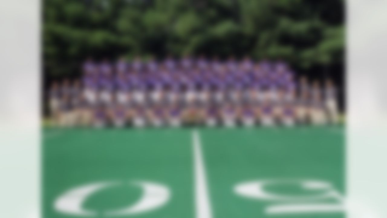 Baltimore Ravens quarterback Jim Harbaugh (4) poses for a team photo in 1998. Also pictured is linebacker Ray Lewis (52). (Baltimore Ravens)