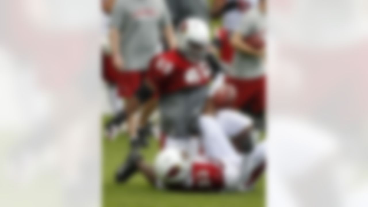 Arizona Cardinals' Landon Cohen (69) strips the ball from William Powell (33) during NFL football training camp at Northern Arizona University, Thursday, July 26, 2012, in Flagstaff, Ariz. (AP Photo/Ross D. Franklin)