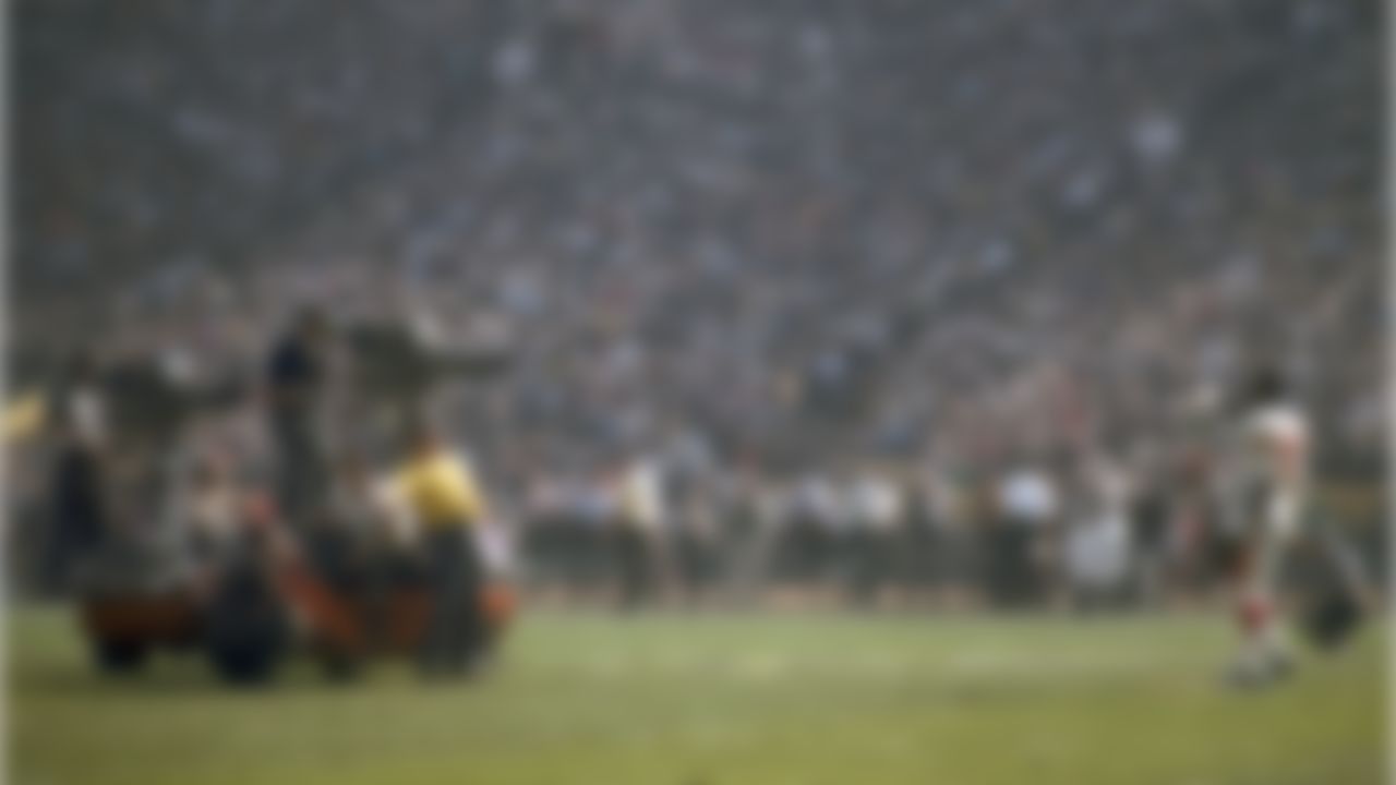 Television cameras zoom in on Kansas City Chiefs wide receiver Otis Taylor before Super Bowl I at the Los Angeles Memorial Coliseum on January 15, 1967. (National Football League)