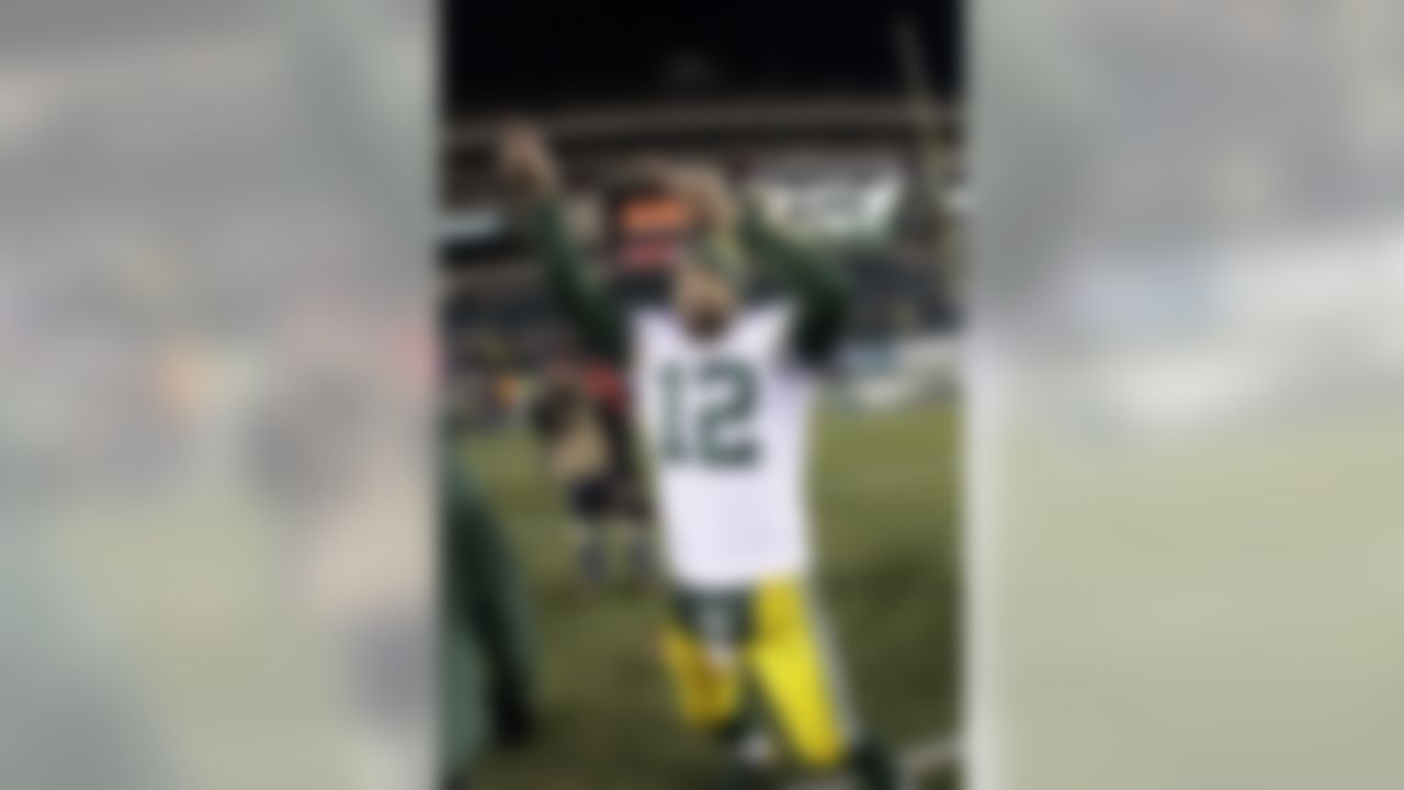 Green Bay Packers' Aaron Rodgers celebrates after an NFL football game against the Philadelphia Eagles, Monday, Nov. 28, 2016, in Philadelphia. Green Bay won 27-13. (AP Photo/Michael Perez)