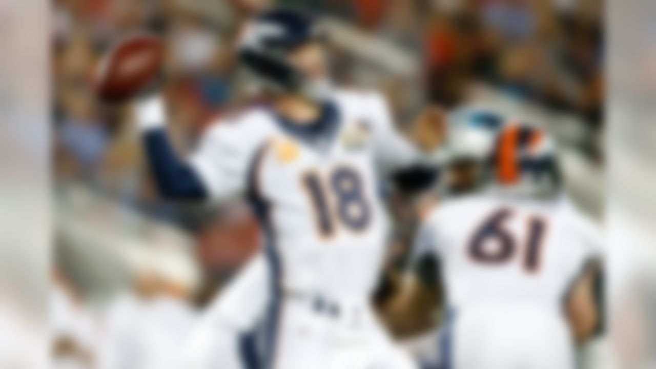 Denver Broncos quarterback Peyton Manning (18) drops back to pass during the NFL Super Bowl 50 football game against the Carolina Panthers on Sunday, Feb. 7, 2016 at Levi's Stadium in Santa Clara, Calif. (Ben Liebenberg/NFL)