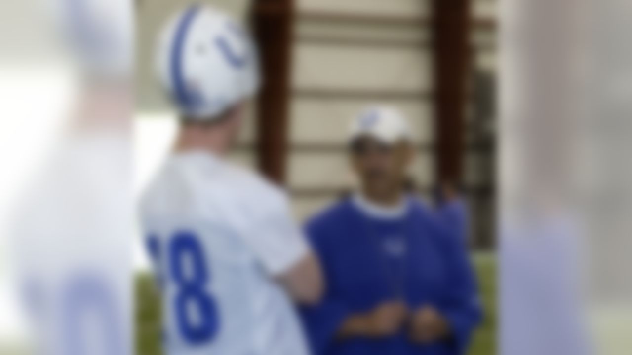 Indianapolis Colts coach Tony Dungy, right, talks with quarterback Peyton Manning prior to the start of the NFL football team's minicamp Friday, May 19, 2006, in Indianapolis. (AP Photo/John Harrell)