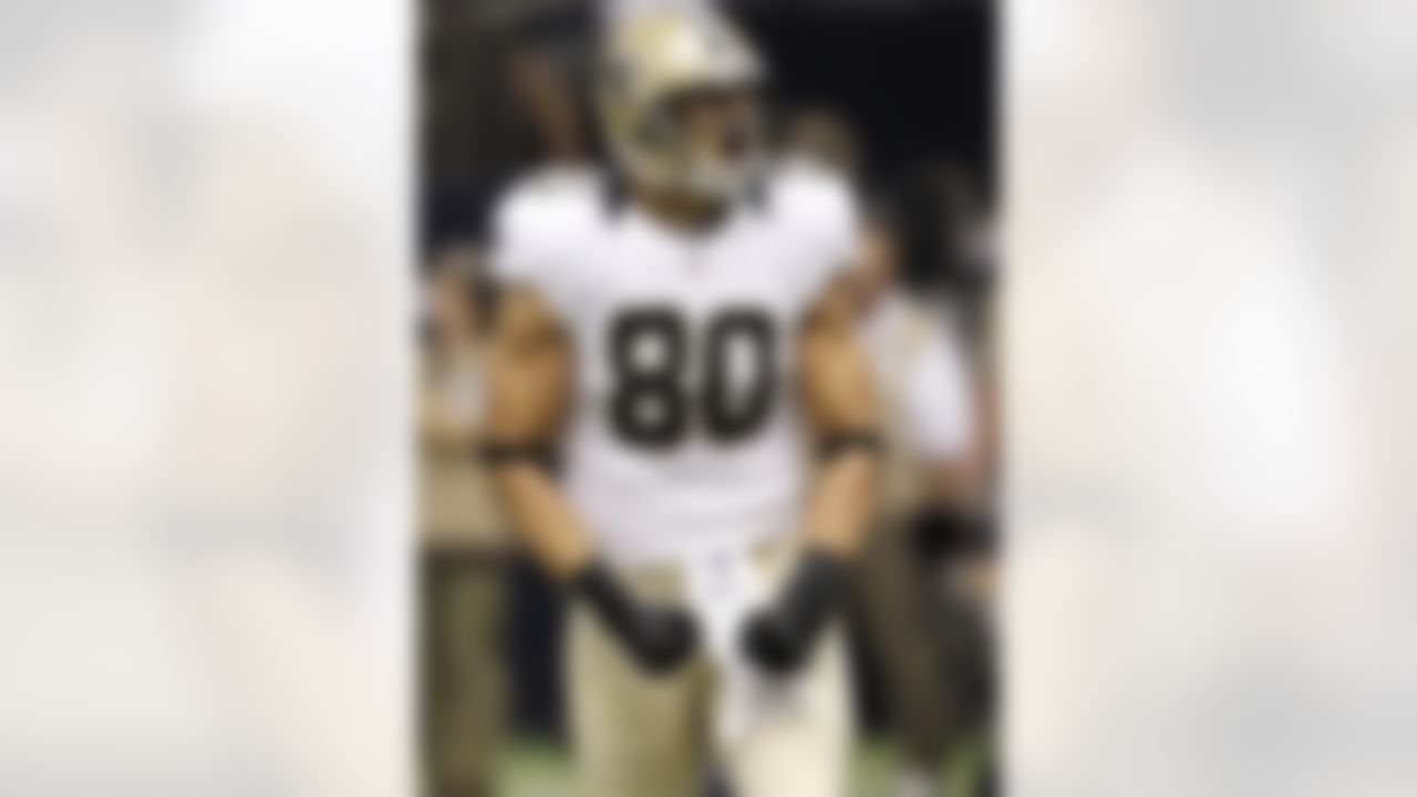 New Orleans Saints tight end Jimmy Graham (80) reacts in the second half of an NFL football game against the Washington Redskins at the Mercedes-Benz Superdome in New Orleans, Sunday, Sept. 9, 2012. (AP Photo/Matthew Hinton)