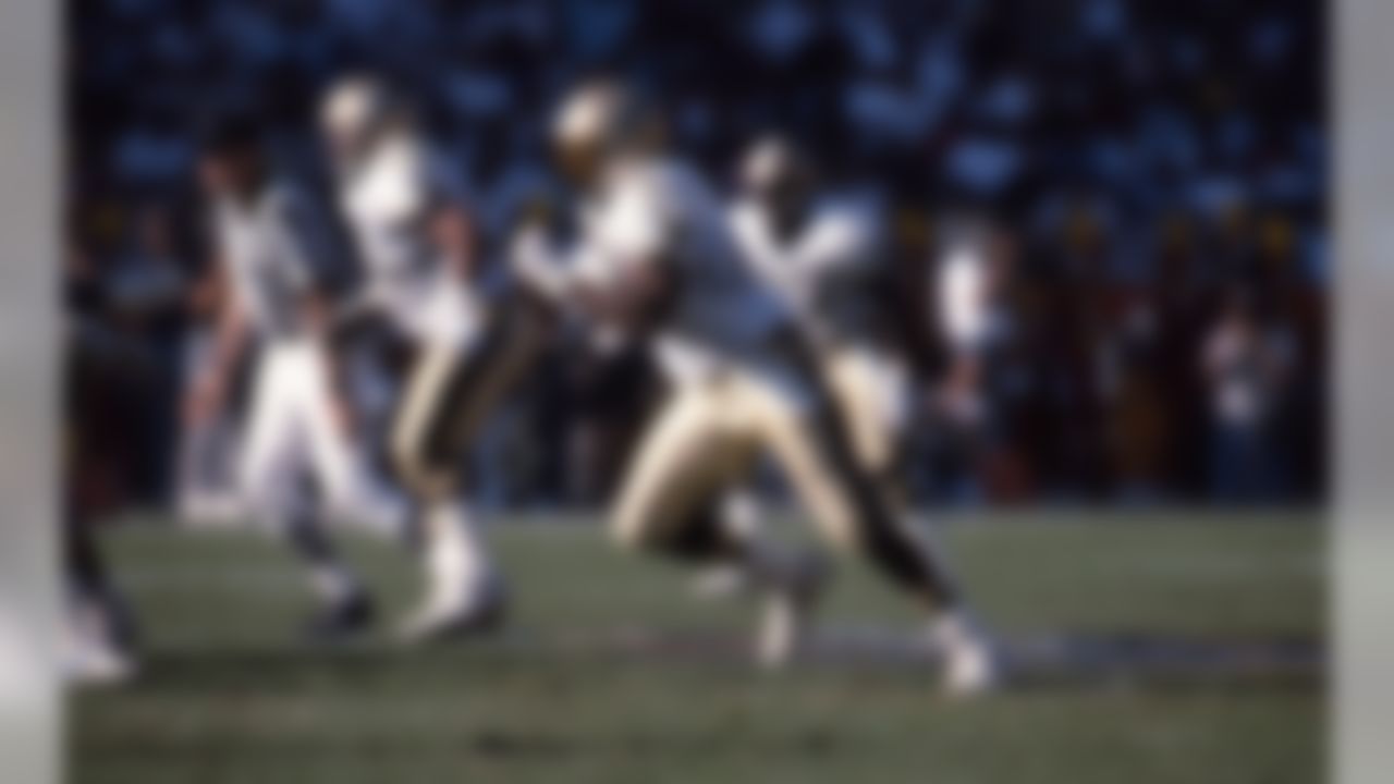 New Orleans Saints linebacker Rickey Jackson (57) runs upfield in a 24 to 20 New Orleans Saints win over the Los Angeles Rams on December 9, 1990 at Anaheim Stadium in Anaheim, CA. (National Football League)