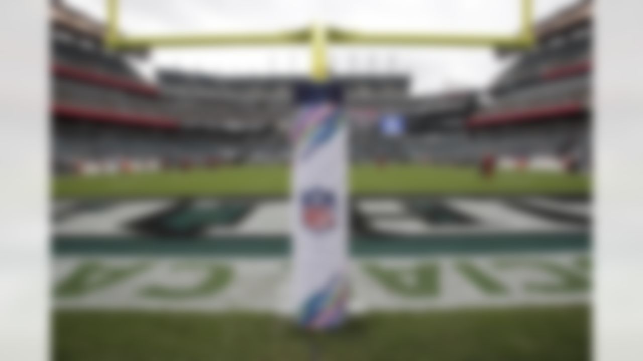 "Crucial Catch" branding is seen before an NFL football game between the Philadelphia Eagles and the Arizona Cardinals, Sunday, Oct. 8, 2017, in Philadelphia.