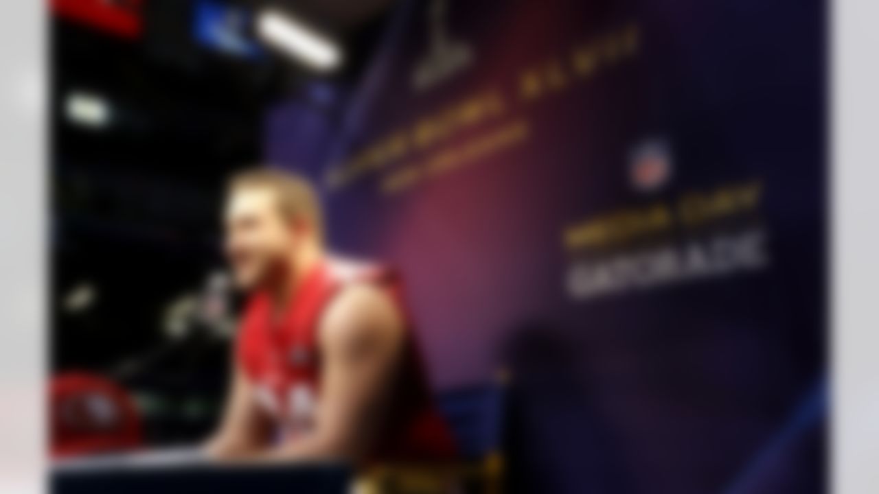San Francisco 49ers tackle Joe Staley speaks during the Super Bowl XLVII Media Day at the Superdome on Tuesday, January 29, 2013 in New Orleans, LA. (Perry Knotts/NFL)