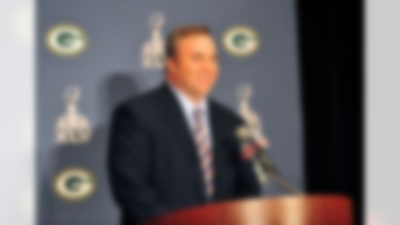 Green Bay Packers head coach Mike McCarthy speaks during their arrival press conference at the Omni Mandalay hotel in Irving, Texas on January 31, 2011. (Gary A. Vasquez/NFL)
