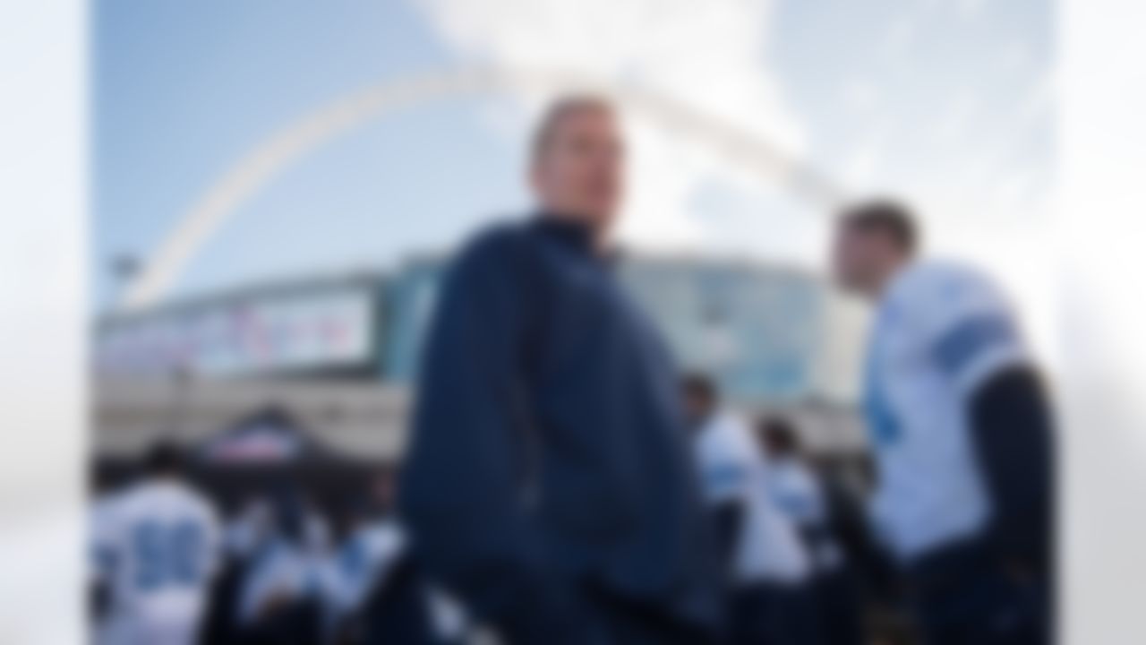 Dallas Cowboys head coach Jason Garrett arrives for a community day event outside Wembley Stadium in London, England, Tuesday Nov. 4, 2014. The Dallas Cowboys will play the Jacksonville Jaguars in an NFL football game at Wembley Stadium on Sunday Nov. 9 (AP Photo/Tim Ireland)