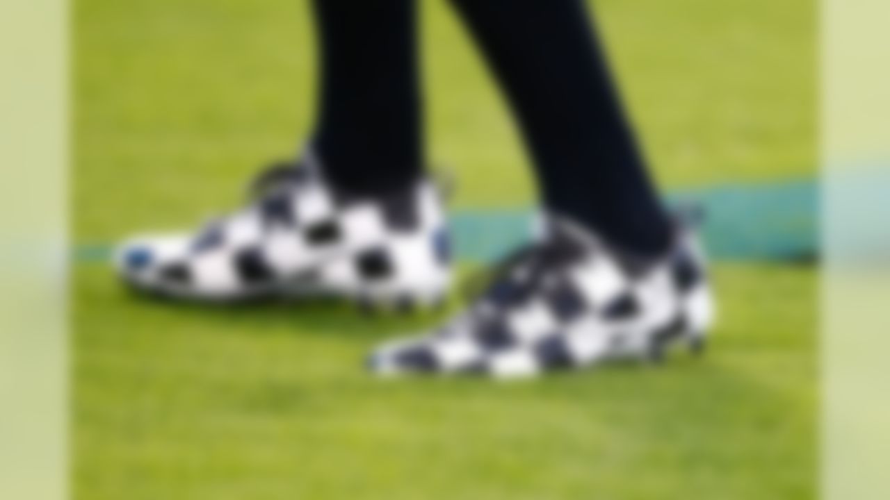 A closeup view of Carolina Panthers wide receiver Devin Funchess'  cleats prior to the game against the Philadelphia Eagles at Bank of America Stadium.