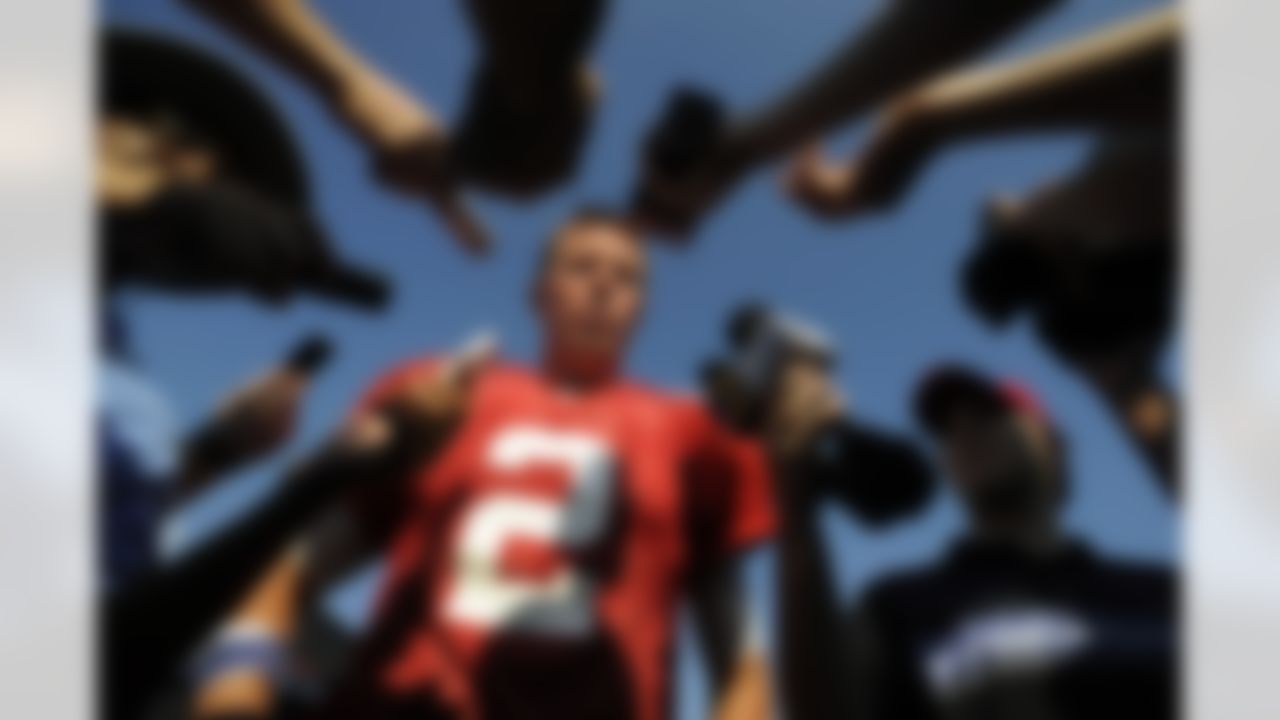 Atlanta Falcons quarterback Matt Ryan talks to reporters during NFL football training camp, Monday, July 30, 2012, in Flowery Branch, Ga. (AP Photo/John Amis)