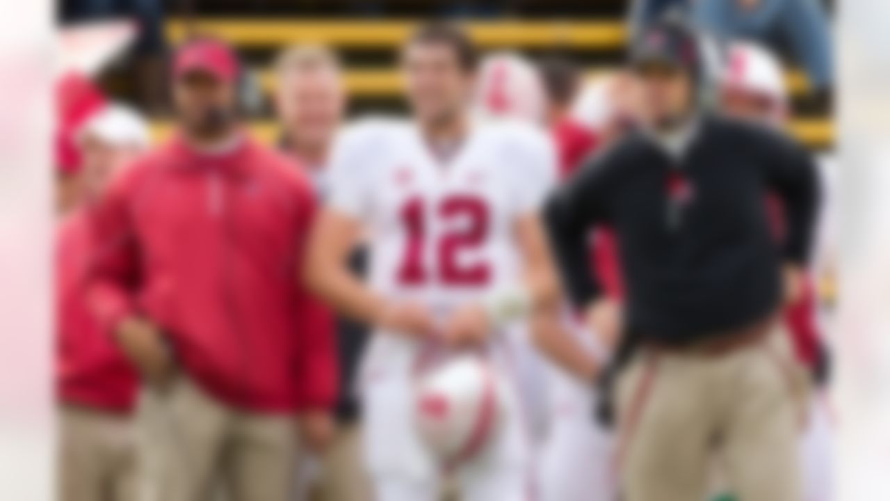 David Shaw, Andrew Luck and Jim Harbaugh during Stanford's 48-14 win over the University of California, Berkeley, at Memorial Stadium in Berkeley, California.
(Courtesy Stanford Athletics/StanfordPhoto.com)