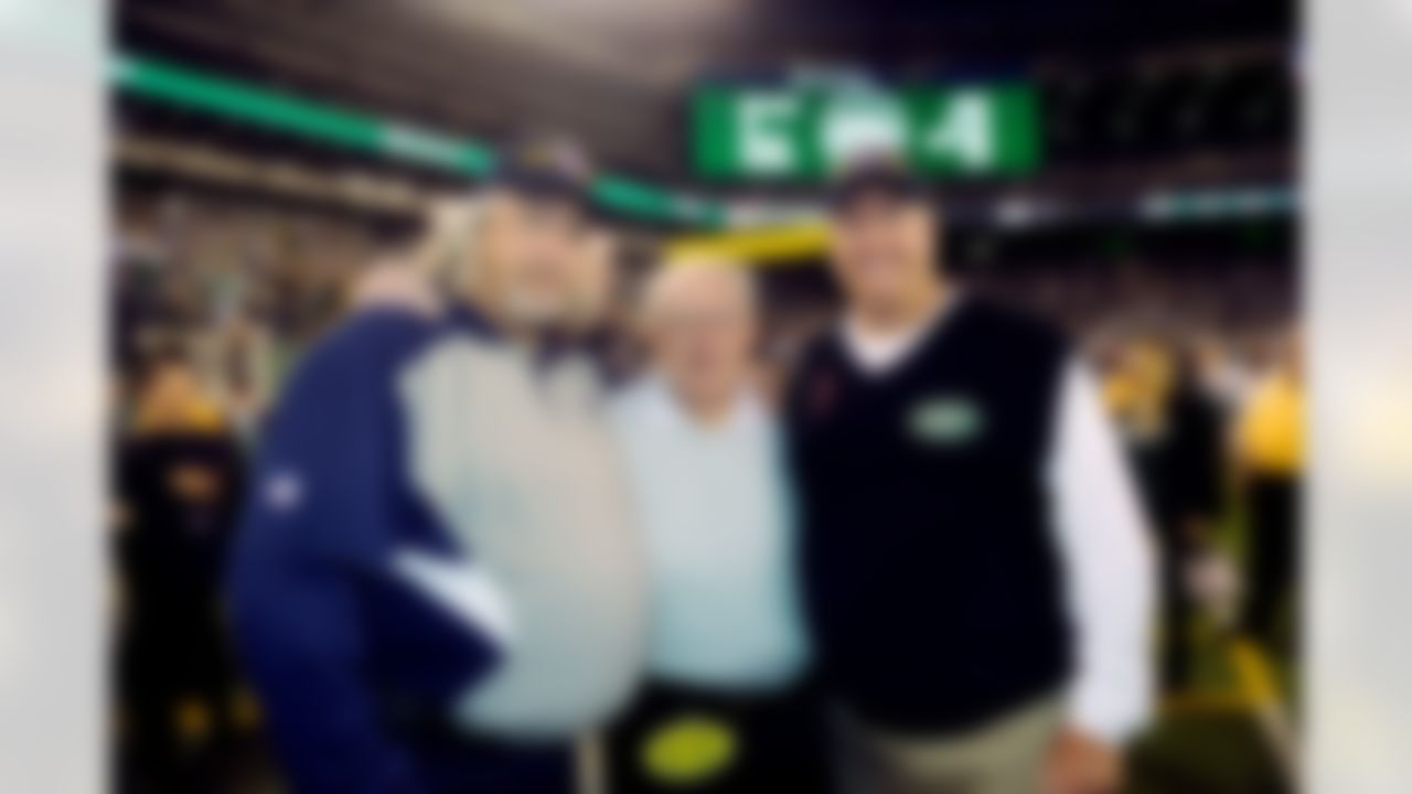 Defensive Coordinator Rob Ryan of the Dallas Cowboys, Buddy Ryan, their father, and Coach Rex Ryan of the New York Jets on the field before the game on Sunday, September 11, 2011 at MetLife Stadium in East Rutherford, New Jersey. The Jets beat the Cowboys 27-24. (AP Photo/David Drapkin)