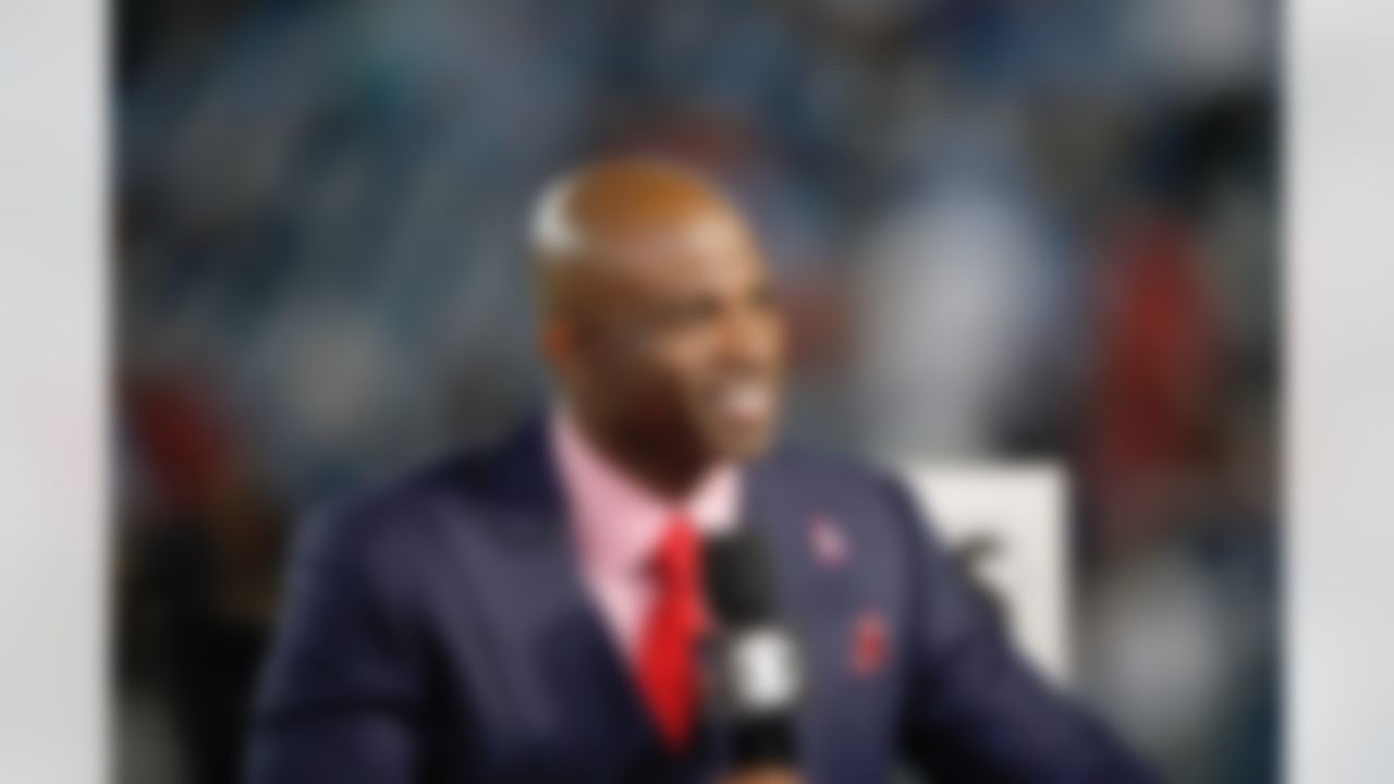 CBS Sports Thursday Night Football commentator Deion Sanders is seen as he broadcast from the sidelines during a week 8 NFL football game between the Jacksonville Jaguars against the Tennessee Titans, Thursday, Oct 27, 2016, in Nashville. The Titans won 36-22. (Scott Boehm via AP)