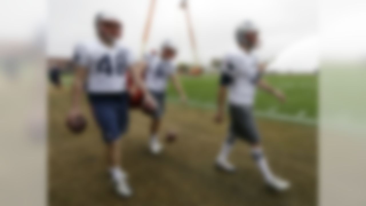 New England Patriots long snapper Danny Aiken (48), punter Ryan Allen (6) and kicker Stephen Gostkowski (3) down the sideline during practice Friday, Jan. 30, 2015, in Tempe, Ariz. The Patriots play the Seattle Seahawks in NFL football Super Bowl XLIX Sunday, Feb. 1. (AP Photo/Mark Humphrey)