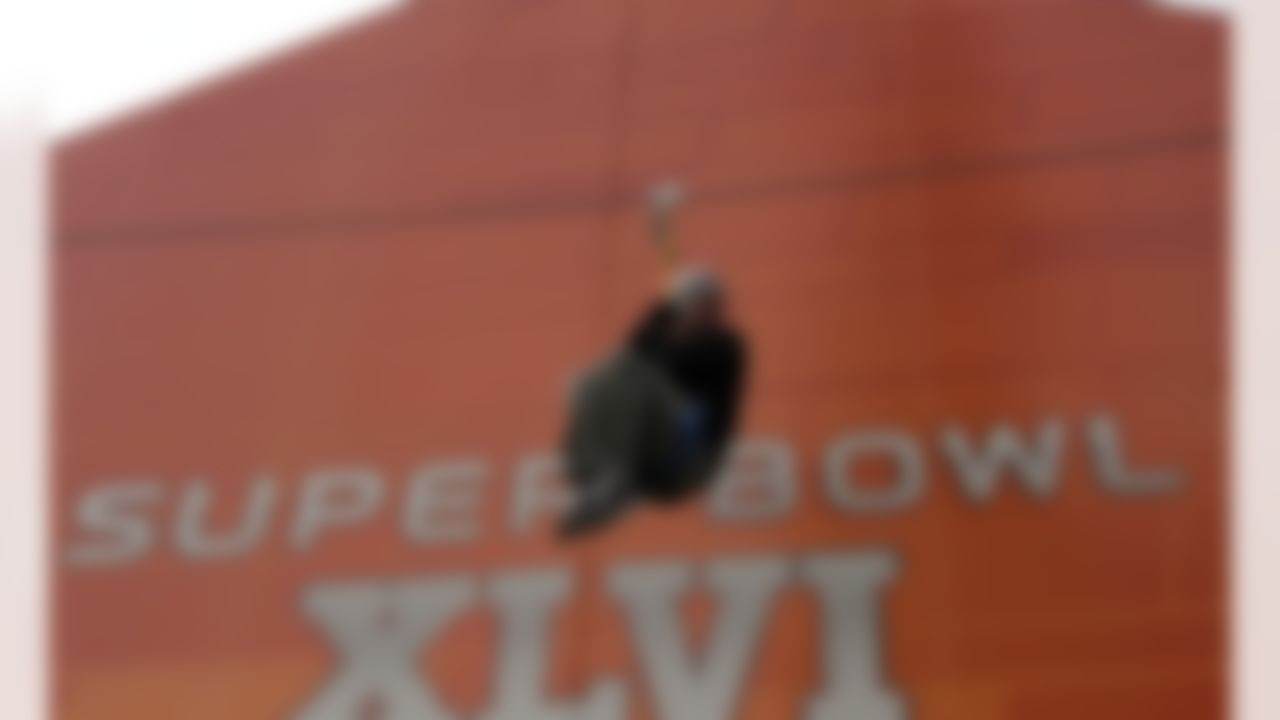 A fan participates in the zip line in downtown Indianapolis on Sunday, Jan. 29, 2012, in Indianapolis, for Super Bowl XLVI. The New England Patriots are scheduled to face the New York Giants on Feb. 5. (Ben Liebenberg/NFL)
