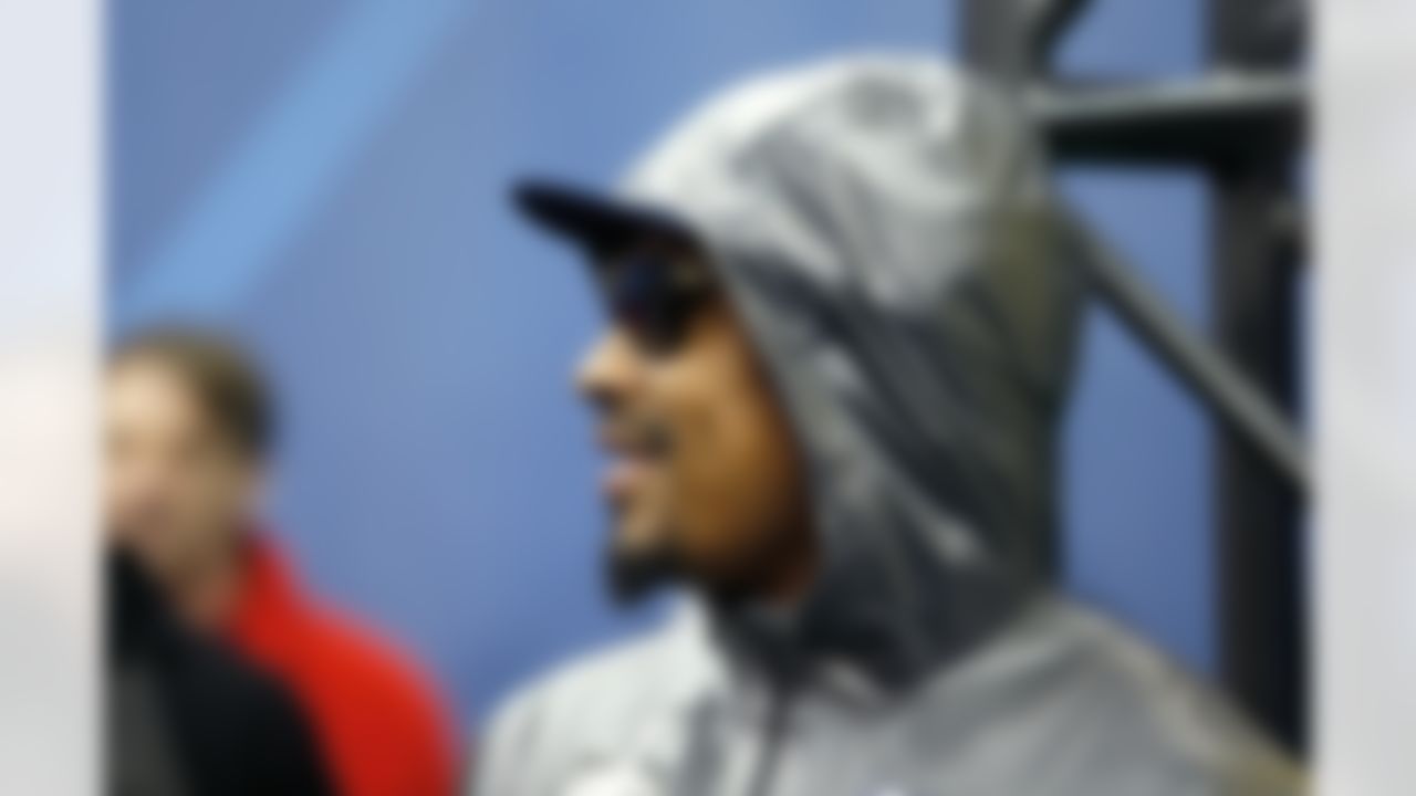 Seattle Seahawks running back Marshawn Lynch looks on during the Super Bowl XLVIII Media Day at the Prudential Center on Tuesday, January 28, 2014 in Newark, NJ. (Perry Knotts/NFL)