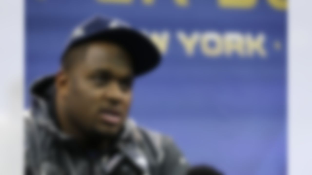 Seattle Seahawks defensive end Red Bryant (79) answers questions from the media during the Super Bowl XLVIII Media Day at the Prudential Center on Tuesday, January 28, 2014 in Newark, NJ. (Perry Knotts/NFL)
