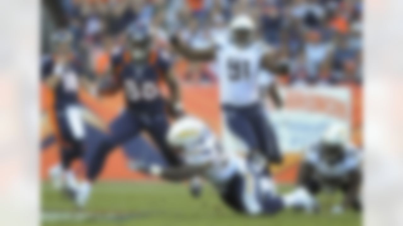 Denver Broncos wide receiver Demaryius Thomas (88) tries to avoid San Diego Chargers linebacker Melvin Ingram (54) in the second quarter of an NFL football game, Sunday, Nov. 18, 2012, in Denver. (AP Photo/Jack Dempsey)
