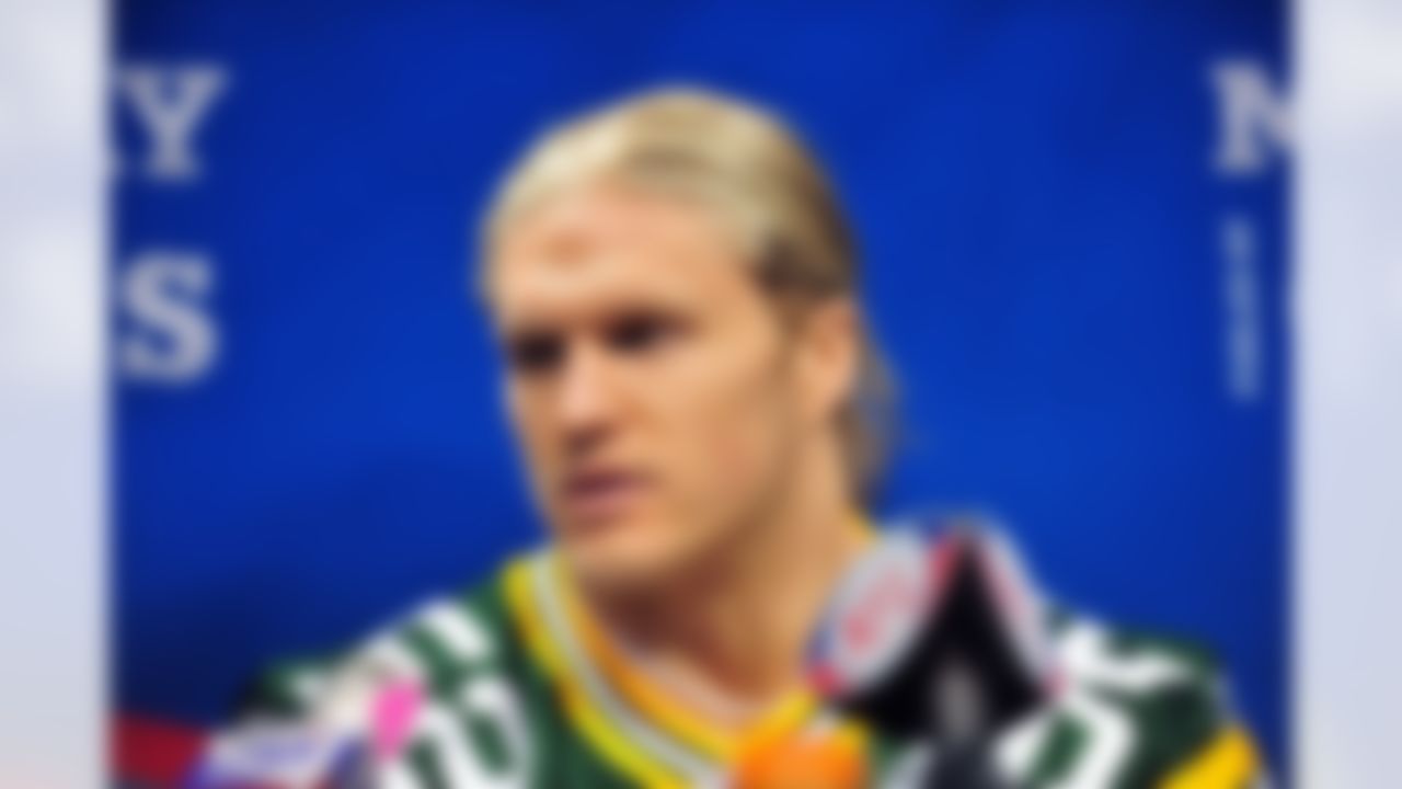 Green Bay Packers linebacker Clay Matthews speaks during Media Day at Cowboys Stadium in Arlington, Texas on February 1, 2011. (Gary A. Vasquez/NFL)