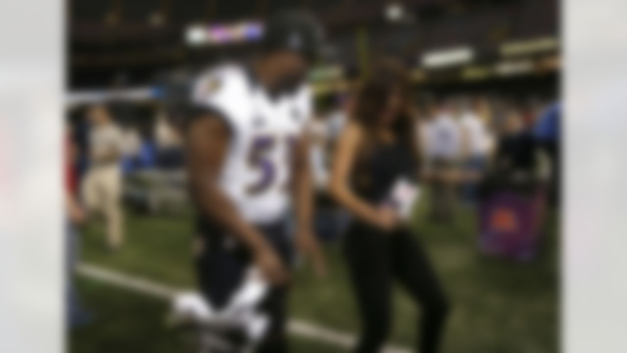 Baltimore Ravens linebacker Jameel McClain dances with Mireya Grisales of Telemundo Sports Network during the Super Bowl XLVII Media Day at the Superdome on Tuesday, January 29, 2013 in New Orleans, LA. (Perry Knotts/NFL)