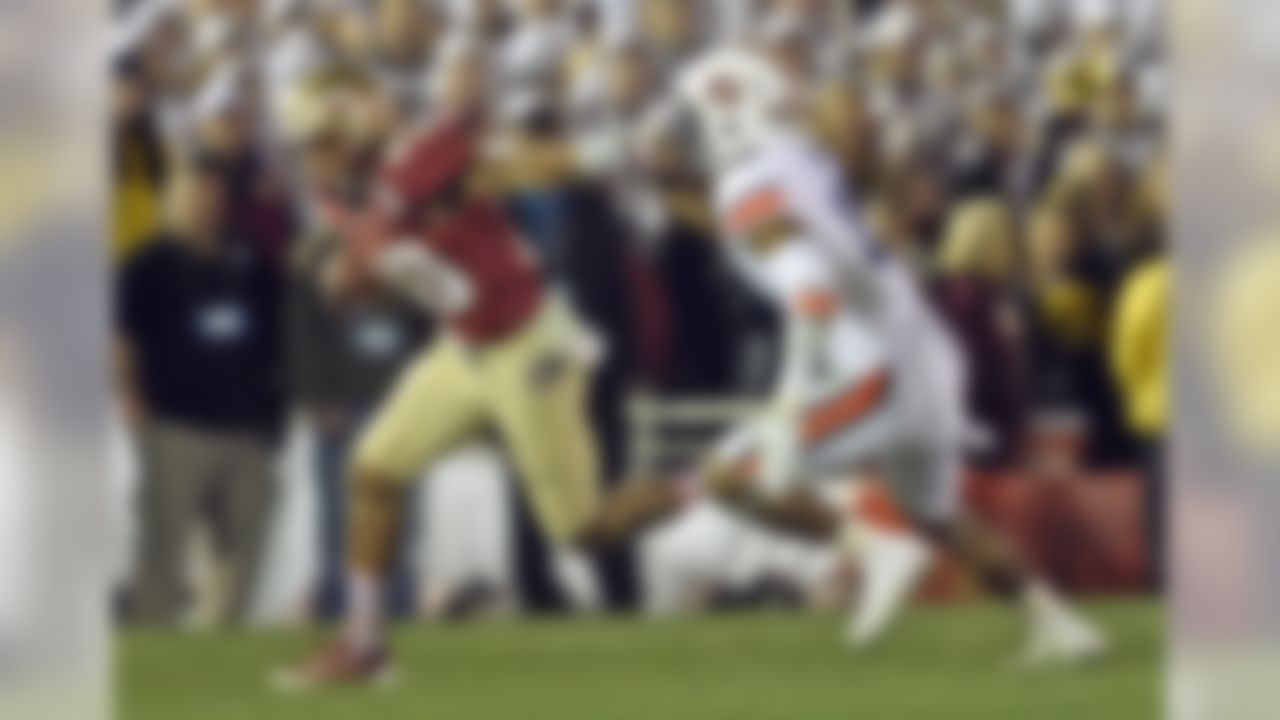 Florida State Seminoles wide receiver Rashad Greene (80) tries to get past Auburn Tigers defensive back Ryan White (19) during the second half of the 2014 BCS National Championship game at the Rose Bowl.  (Robert Hanashiro/USA TODAY Sports)