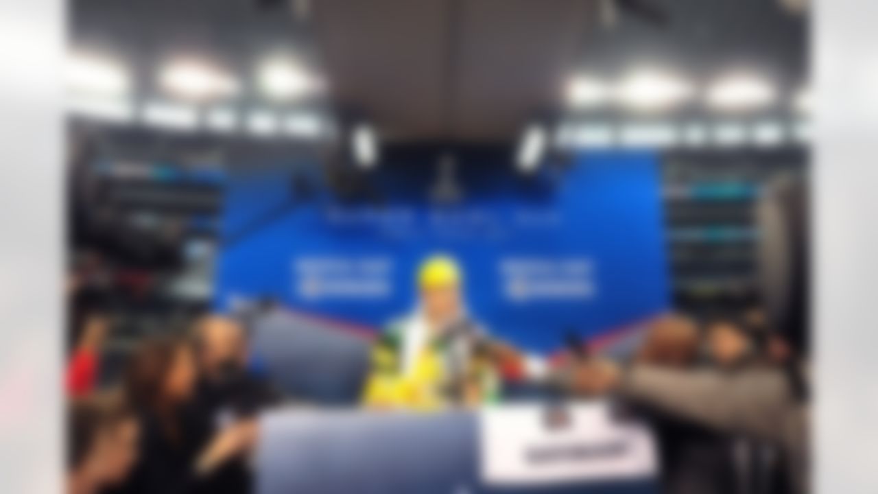 Green Bay Packers quarterback Aaron Rodgers speaks during Media Day at Cowboys Stadium in Arlington, Texas on February 1, 2011. (Gary A. Vasquez/NFL)
