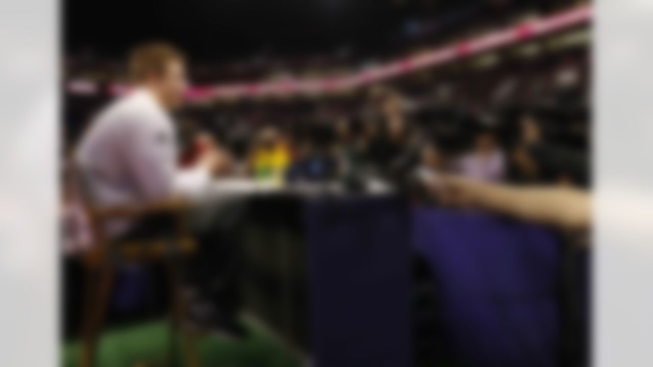 New England Patriots' Rob Gronkowski answers a question during media day for NFL Super Bowl XLIX football game Tuesday, Jan. 27, 2015, in Phoenix. (AP Photo/Matt York)
