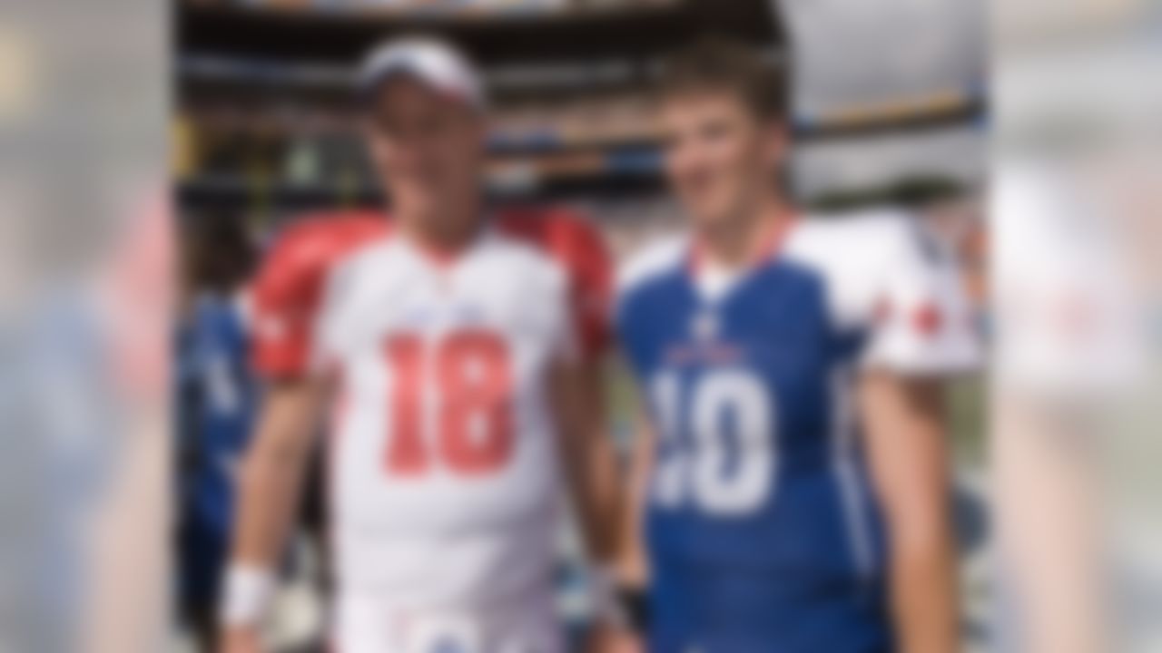 Brothers Peyton Manning, left, of the Indianapolis Colts, and Eli Manning, of the New York Giants, stand on the field at the end of the Pro Bowl NFL football game at Aloha Stadium, Sunday, Feb. 8, 2009, in Honolulu. (AP Photo/Marco Garcia)