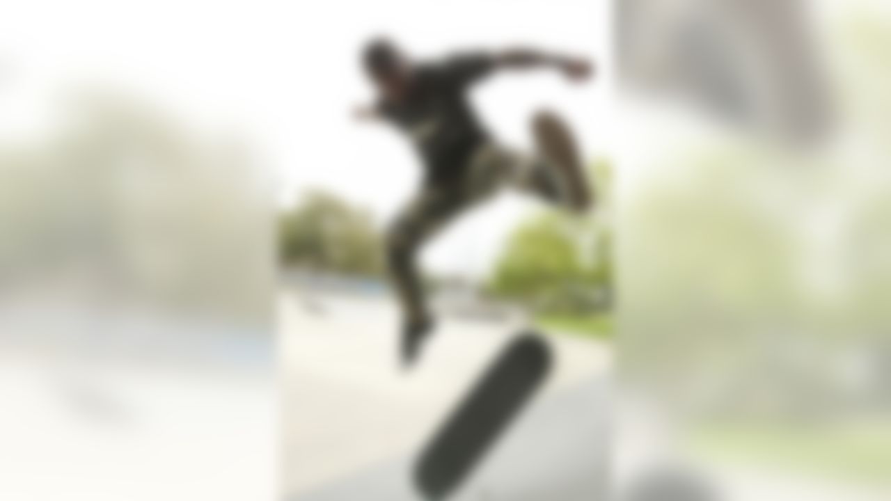 John Kelly kickflips off a bank at a local skate park in Los Angeles, Calif., on June 15, 2019. In an interview with the Rams' Behind the Grind series, Kelly explained how the sport launches successes on the field: "Taking hits from different angles, and learning how to keep my feet – that's definitely something I just brought into the game with me. Skateboarding has helped me a lot in my football career."