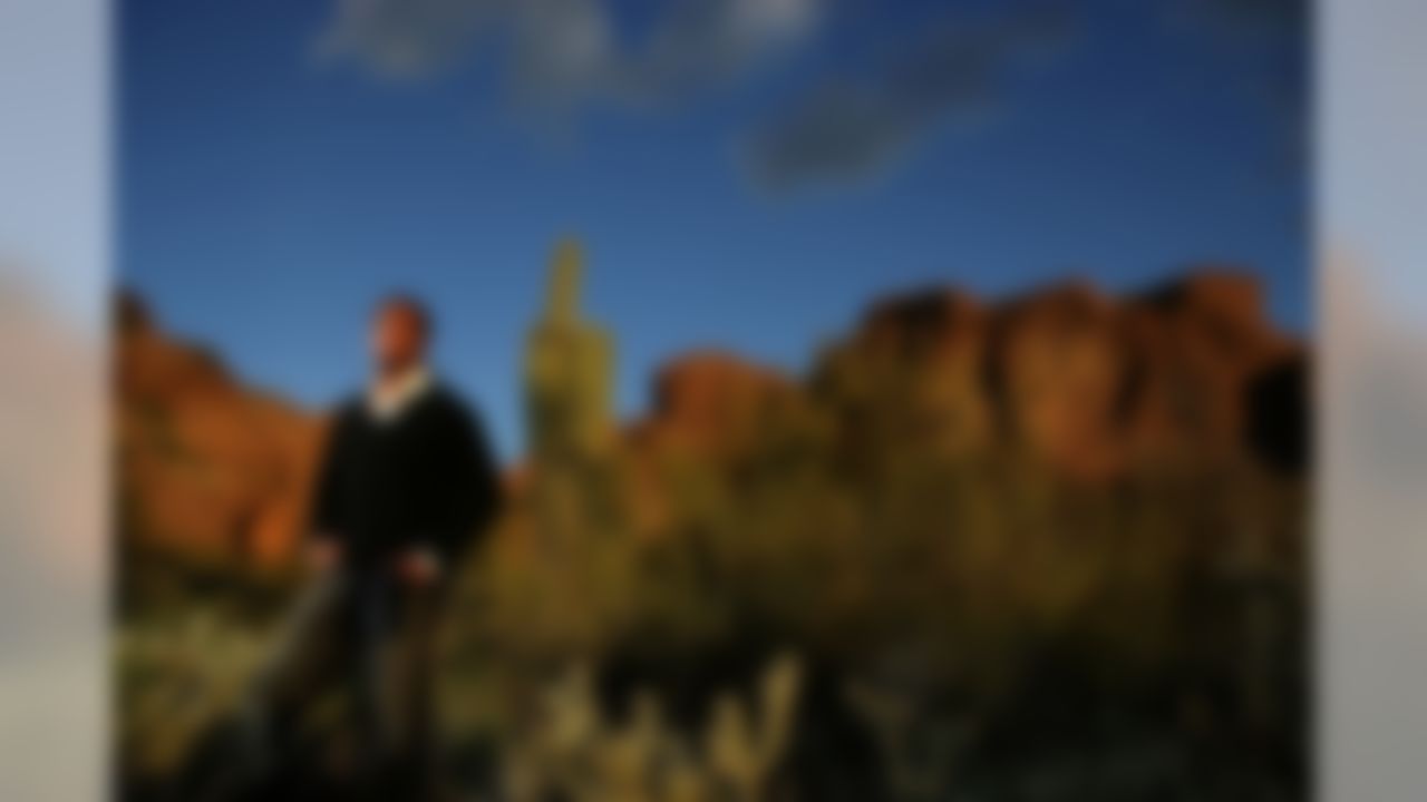 PHOENIX - JANUARY 31: Wide Receiver Larry Fitzgerald #11 of the Arizona Cardinals poses for a portrait in front of Camelback Mountain on January 31, 2008 in Phoenix, Arizona. (Photo by Donald Miralle/Getty Images)
