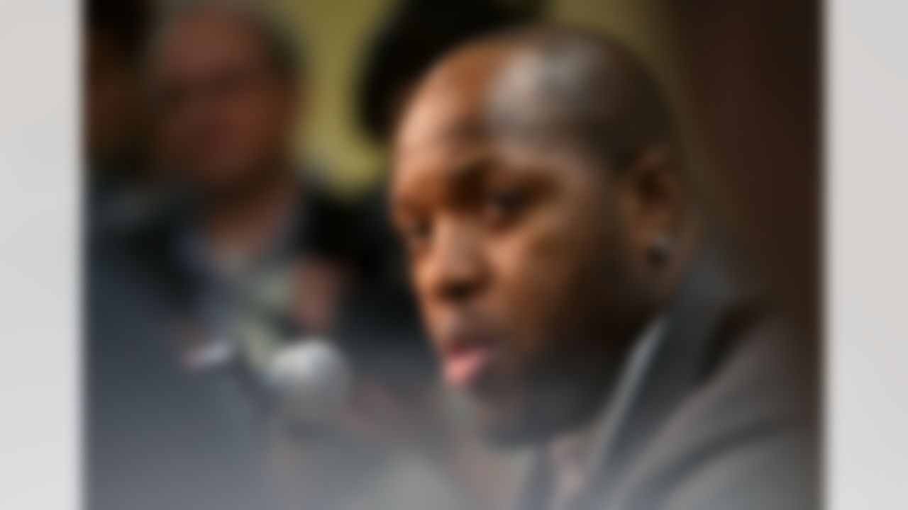 Baltimore Ravens linebacker Terrell Suggs speaks to the media during the arrivals press conference at the Hilton New Orleans Riverside on Monday, January 28, 2013 in New Orleans, LA. The Ravens will face the San Francisco 49ers in the NFL Super Bowl XLVII football game on Feb. 3. (Ben Liebenberg/NFL)