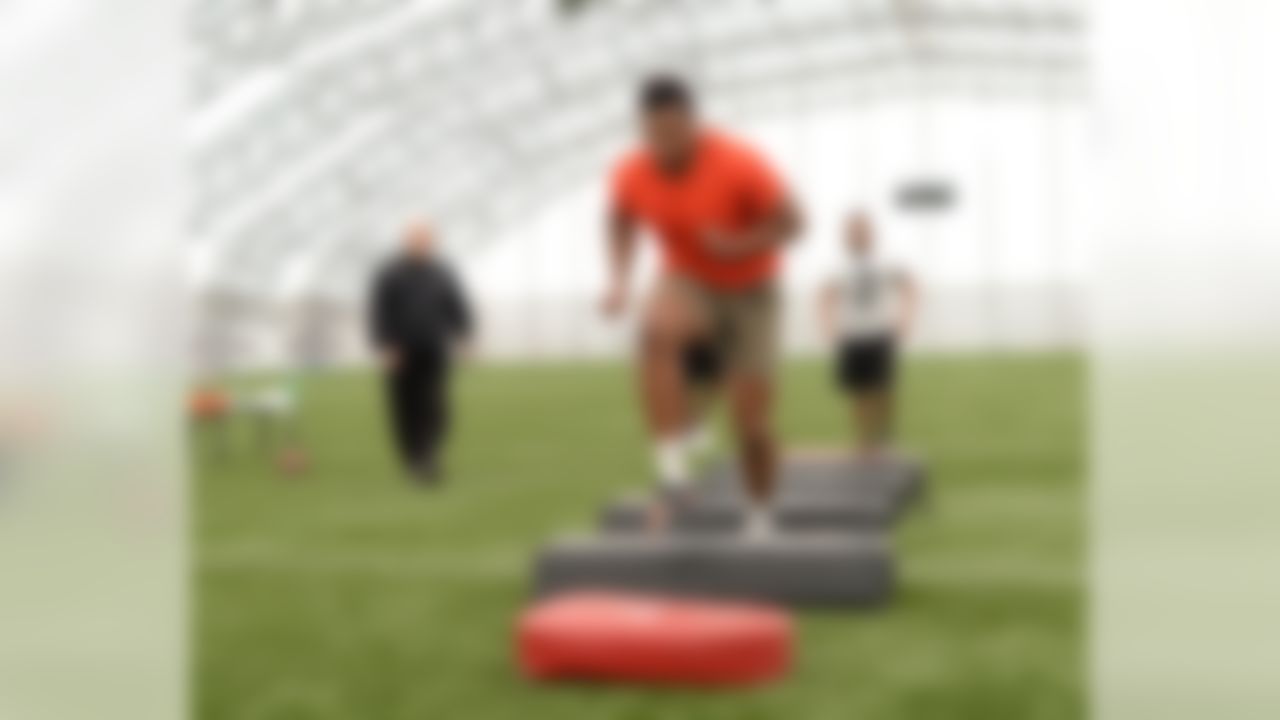 Great Britain's Olympic discus thrower Lawrence Okoye works out for NFL teams at the London Soccerdome on Wednesday, April 17, 2013 in London.  (Dave Shopland/NFL)