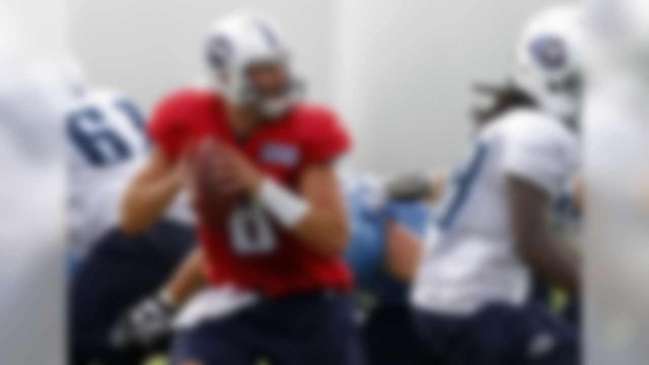 Tennessee Titans quarterback Matt Hasselbeck (8) during NFL football camp at Titans' headquarters Monday, July 30, 2012 Nashville, Tenn. (AP Photo/Wade Payne)
