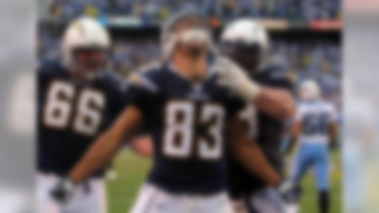SAN DIEGO - JANUARY 06: Vincent Jackson #83 of the San Diego Chargers celebrates in the end zone after making a catch for a touchdown in the third quarter against the Tennessee Titans during their AFC Wild Card Playoff Game at Qualcomm Stadium on January 6, 2008 in San Diego, California. (Photo by Harry How/Getty Images)