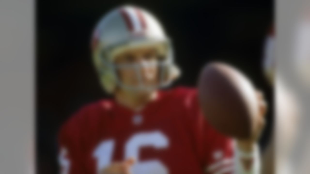 San Francisco 49ers quarterback Joe Montana (16) warms up before a 21-14 victory over the Tampa Bay Buccaneers on December 19, 1992, at Candlestick Park in San Francisco, California. Montana, who had missed the past two seasons with an elbow injury, would make his comeback (and final appearance for the 49ers) the following week. (Greg Trott/NFL)