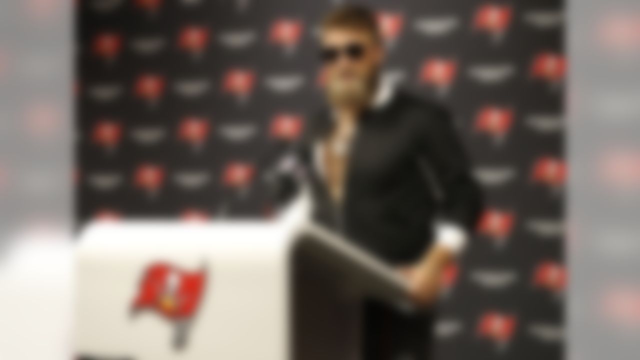 Tampa Bay Buccaneers quarterback Ryan Fitzpatrick (14) talks during a post game news conference following an NFL football game against the Philadelphia Eagles, Sunday, Sept. 16, 2018, in Tampa, Fla. The Buccaneers defeated the Eagles 27- 21.