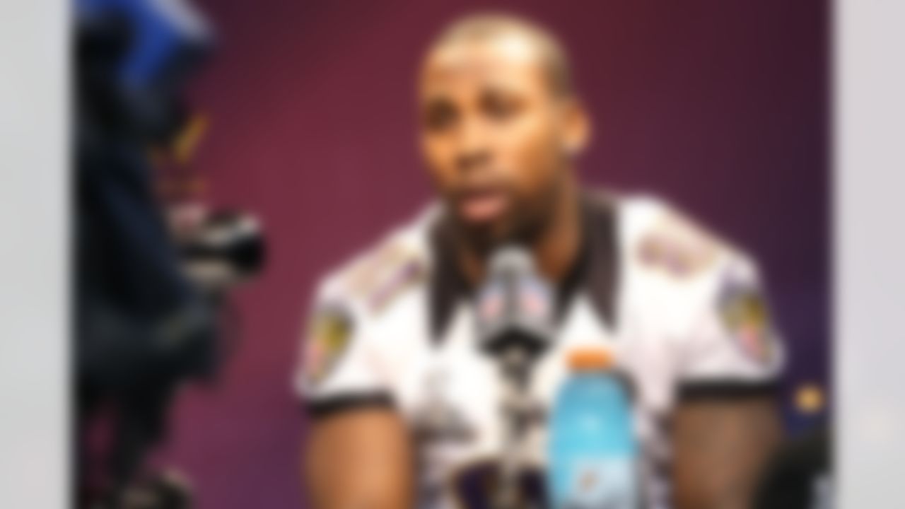 Baltimore Ravens Anquan Boldin talks with the media during the Super Bowl XLVII Media Day at the Superdome on Tuesday, January 29, 2013 in New Orleans, LA. (Ben Liebenberg/NFL)