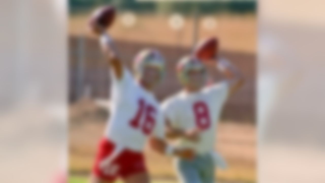 San Francisco 49ers training camp July 26, 1990 at Sierra College, Rocklin, California.  San Francisco 49ers quarterback Joe Montana (16) and  quarterback Steve Young (8).