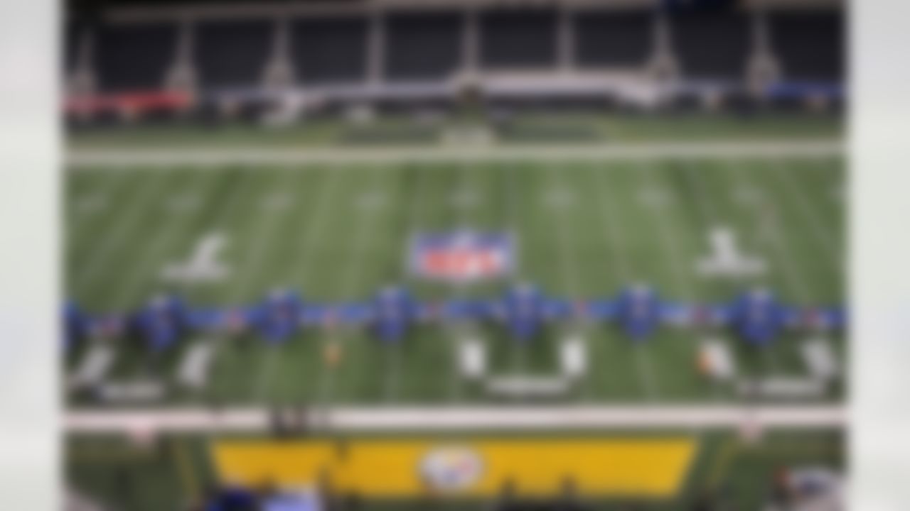 A general view of the playing field with podiums for the Green Bay Packers set up prior to Media Day at Cowboys Stadium in Arlington, Texas on February 1, 2011. (Gary A. Vasquez/NFL)
