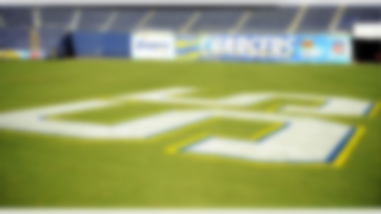 May 11, 2012; San Diego, CA, USA; View of the number 55 painted on the center of Qualcomm Stadium before a celebration of life service to remember former San Diego Chargers player Junior Seau. Mandatory Credit: Christopher Hanewinckel-US PRESSWIRE
